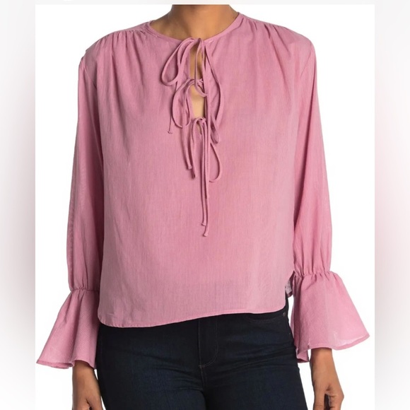 Wayf Pink Bell Sleeve Blouse with Tie Front Size Large - Picture 1 of 7